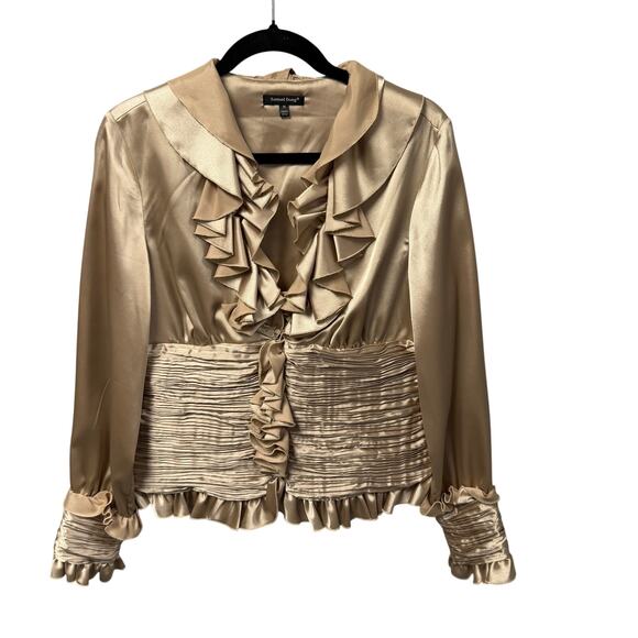 Samuel Dong Tops - Samuel Dong Champagne Beige Ruffle Textured Satin Zip Up Top Womens Medium